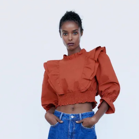 ZARA - RUFFLED POPLIN SHIRT - Burnt Orange - Picture 4 of 11